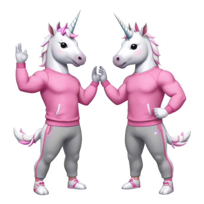 two friendly anthropomorphised male white unicorns with fit, chunky, muscular and strong physiques, arms and legs matching the white of the head, both wearing grey tracksuit pants and pink jumpers, sunglasses, high-fiving each other sticker