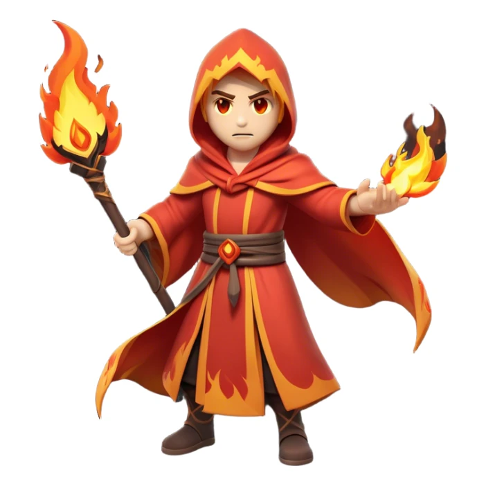 Clash of Clans aesthetic: Cinematic Ferocious Fire Mage Hero Emoji, rendered in a 3D vector-style similar to standard emojis with minimal shading and bold, simplified shapes. A compact, isometric figure draped in flowing, charred and ember-lined robes, wielding a fiery staff crackling with intense flames. Eyes burning with an infernal glow, exuding raw, untamed power. Simplified yet unmistakably iconic, highly detailed and consistent, glowing with a fiery, molten radiance and high shine. Stylized with a touch of menacing sorcery and a searing, ember-infused outline, capturing the essence of a wrathful mage ready to unleash devastating fire magic! sticker