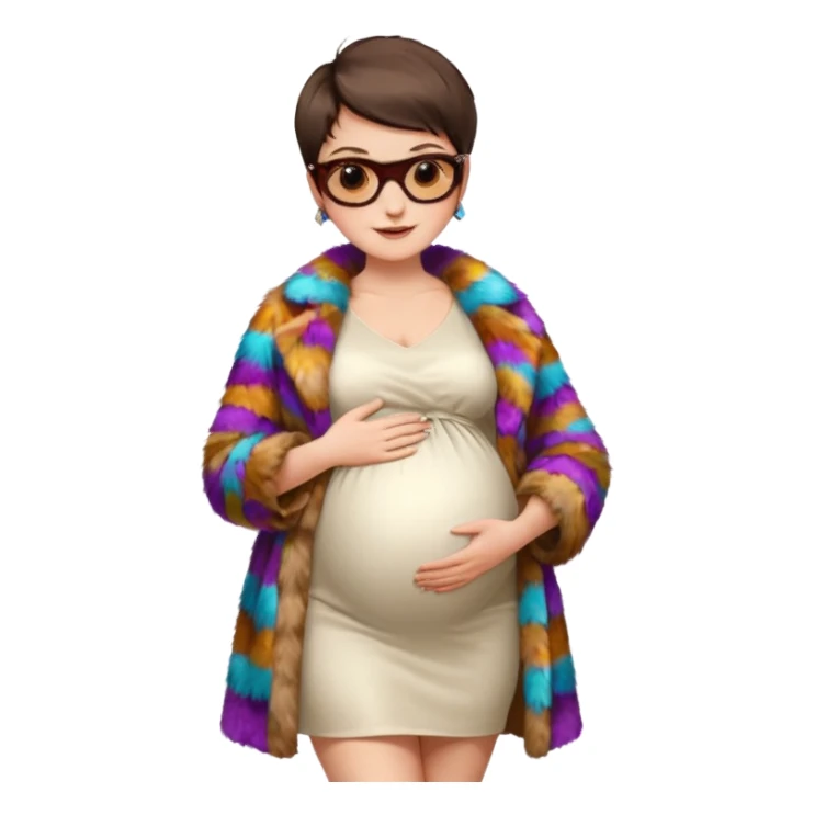 pregnant stylish woman with short pixie brunette hair happily touching her big belly while wearing white dress and fancy brown fur coat and colorful shades sticker