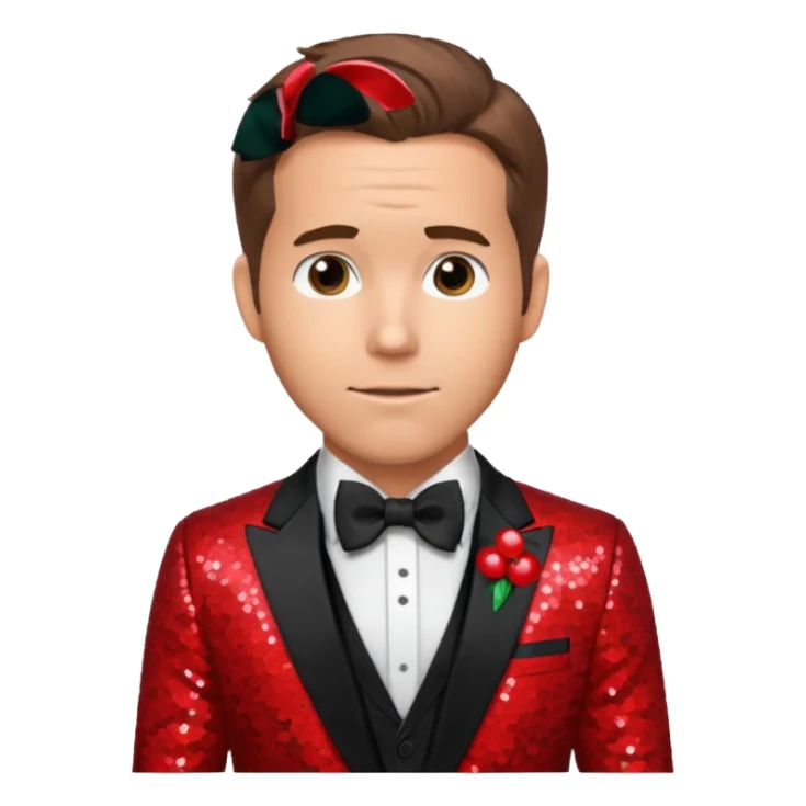 Ryan Reynolds with brown hair, red sequin suit with bow tie sticker
