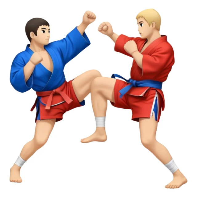 An icon symbolizing Sambo, featuring two fighters in blue and red kimonos with shorts and wrestling shoes. One executes a powerful throw, while the other attempts a defensive grab. The fighters are engaged in a grapple, using joint locks and sweeps.  sticker