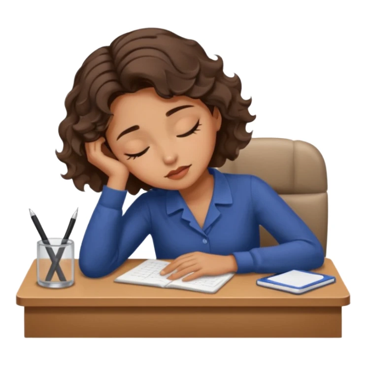 Pretty brown model, brown eyes, soft short wavy hair, falling asleep at desk sticker
