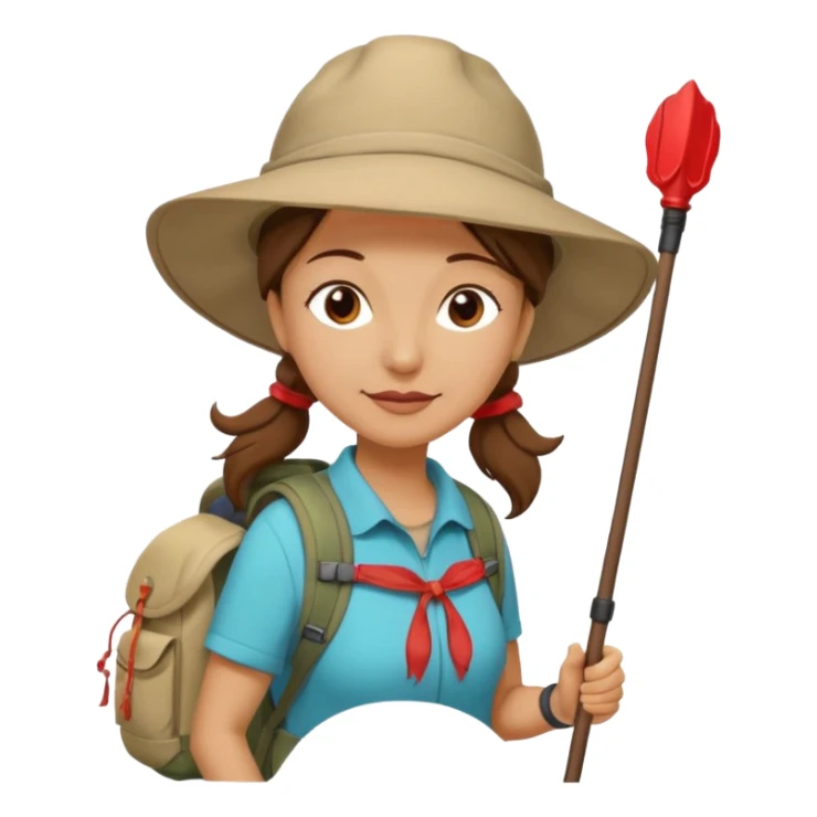Middle aged women, long brown ponytail with wide brim hiking hat. With backpack and trekking poles. Backpack has a scallop shell with the cross of saint james hanging from it.  Remove the cross and add a scallop shell on a red string hanging from the backpack  sticker