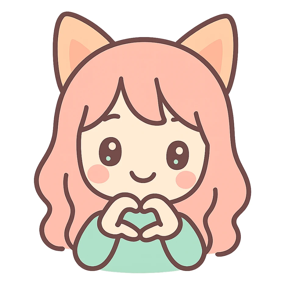 sweet anime-inspired human with fox ears, smiling, showing affection sticker