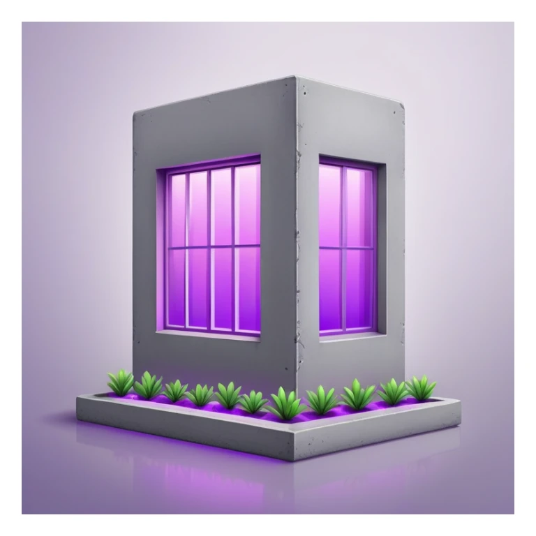 Minimalist gray concrete panel building with one window glowing bright purple from grow lights inside, simple rectangular structure sticker