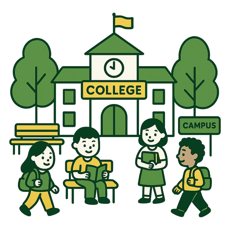 college campus scene, minimalistic, green gold and white color scheme, clean lines sticker