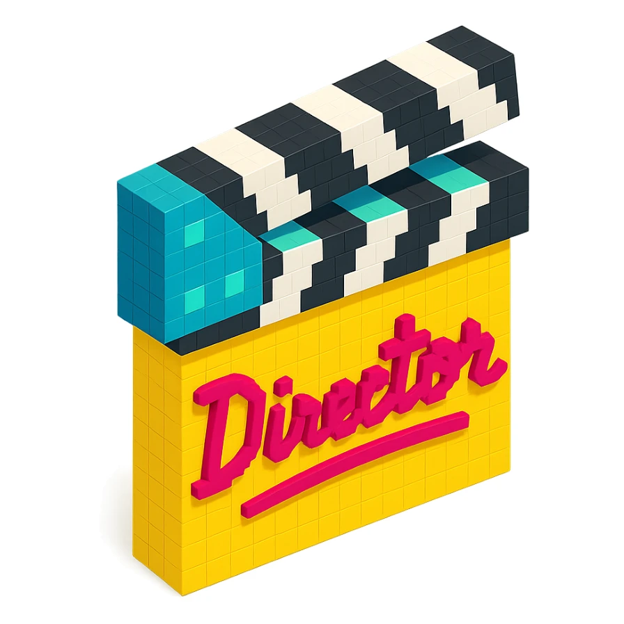 voxel style movie clapperboard with a bold director's signature, isometric view sticker