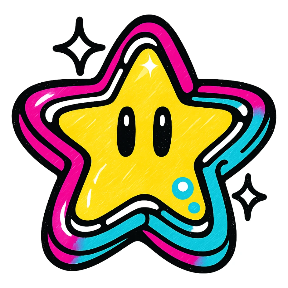 Y2K style Mario star, chrome finish, sparkles, and bubble-like highlights sticker