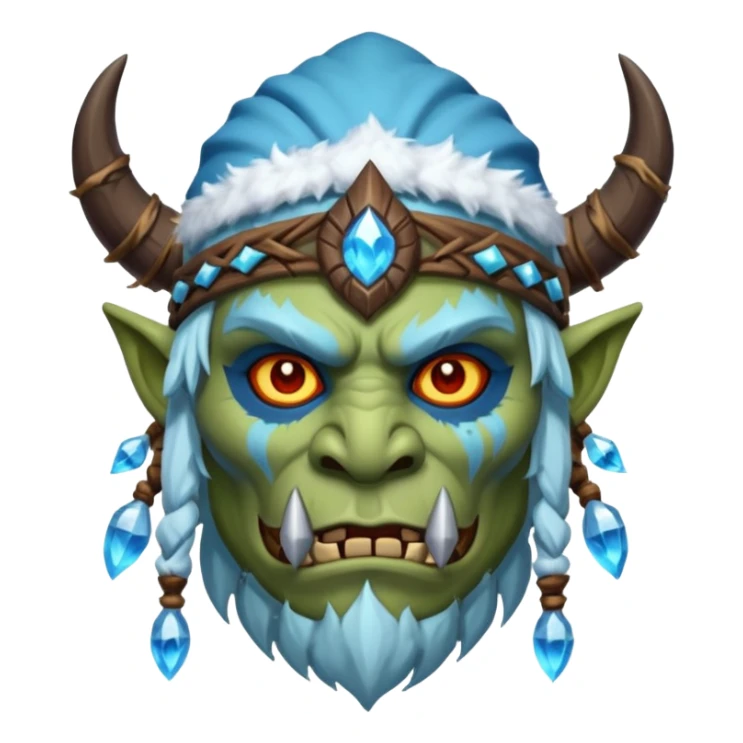 Fantasy Christmas orc shaman icon, ice spirit magic theme, glowing runes, winter tribal mask elements, mystical cold atmosphere, emoji sized portrait, male/female variant sticker