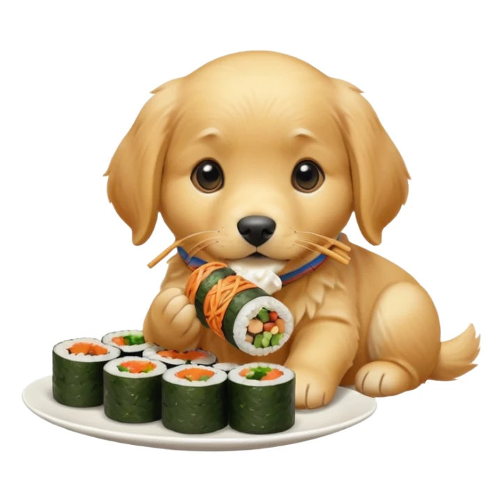 A cute golden retriever puppy eating gimbap in iPhone emoji style, soft 3D glossy texture, bright vivid colors, no outlines, centered composition, transparent background. sticker