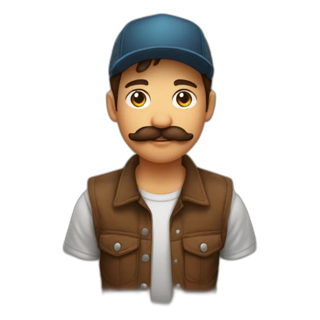 jeune homme brun moustachu avec trucker cap marron sticker