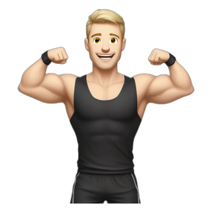 Joyful Celebrating victory Pale skinned Fit Man With the biceps and dark brown hair in black shirt, gray sports shorts and white Sneakers sticker