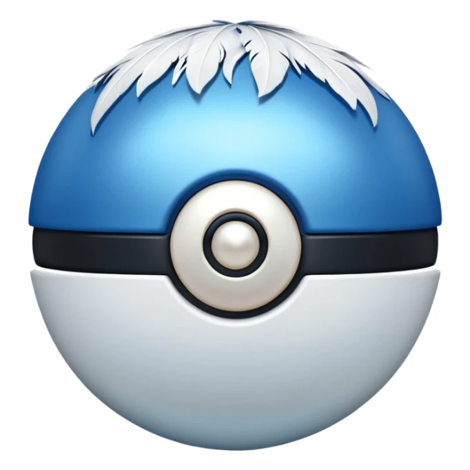 blue pokeball emoji, top half is a more saturated blue, bottom half is white, black stripe, with a white sheen, with a pearlescent finish, with a feather effect sticker