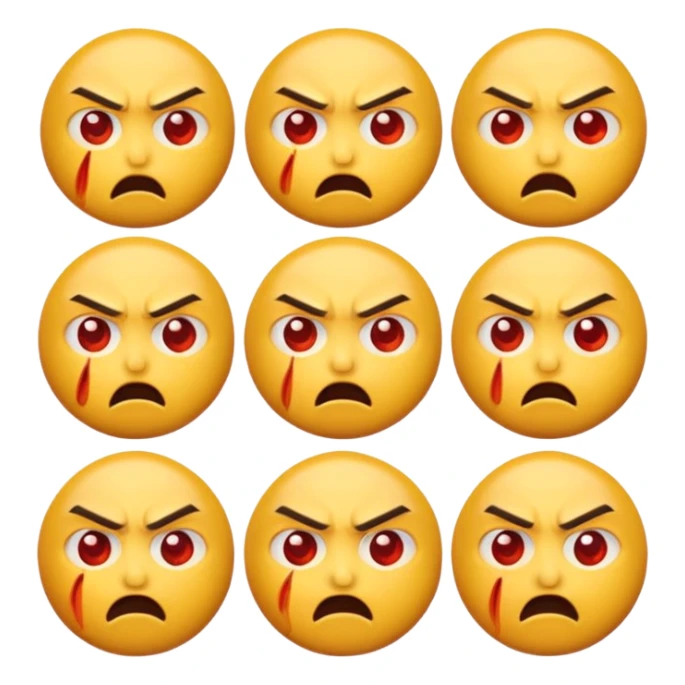 yellow emoji face, one eye twitching in fury, red cheeks, exaggerated angry expression sticker