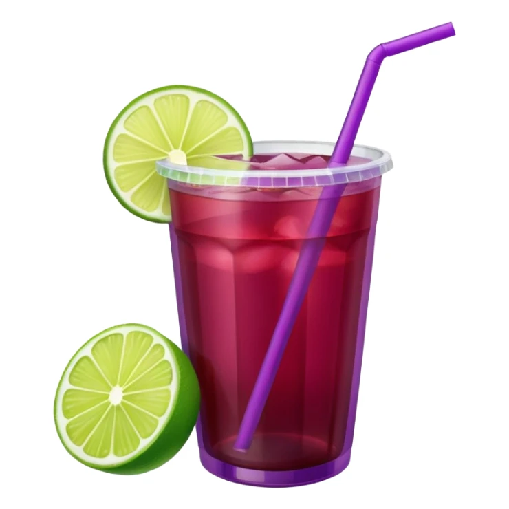maroon purple cocktail with a lime in a plastic cup with lid and straw  sticker