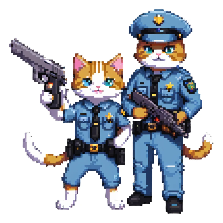 a cop and a cat with a gun, both in a playful pose sticker