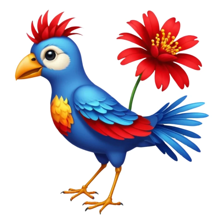 A bird carrying a red flower sticker