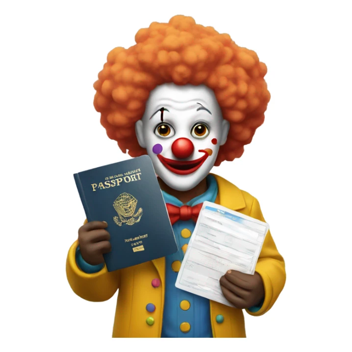 Clown holds a passport sticker