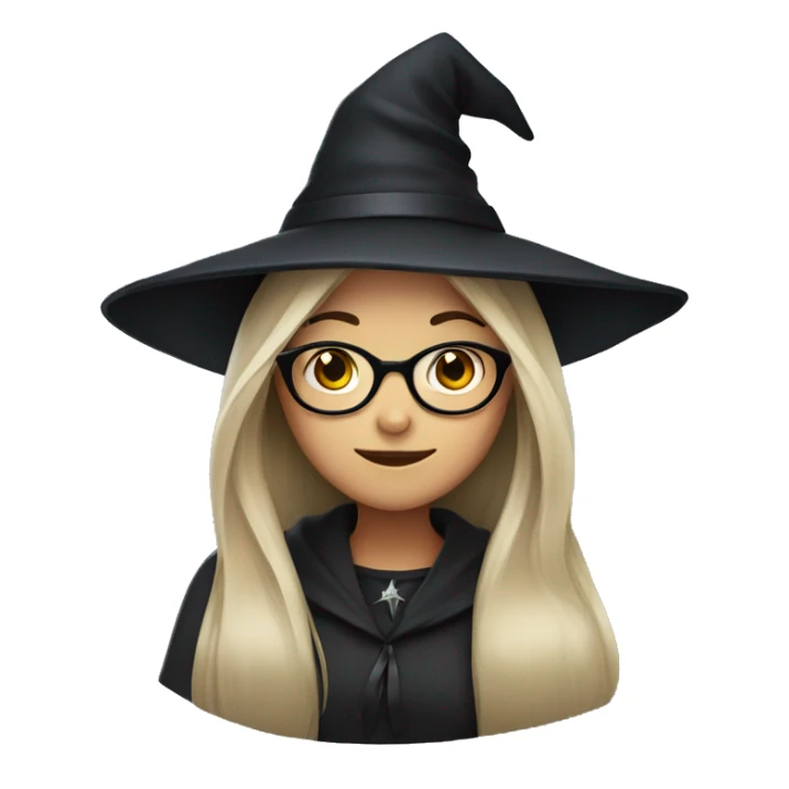 girl with black straight long hair, glasses and witch hat sticker