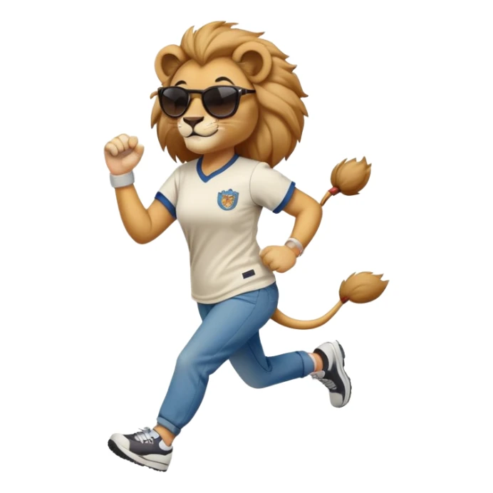 confident anthropomorphised female lion wearing a baseball shirt, jeans, trainers, dark sunglasses, jogging with a smile sticker