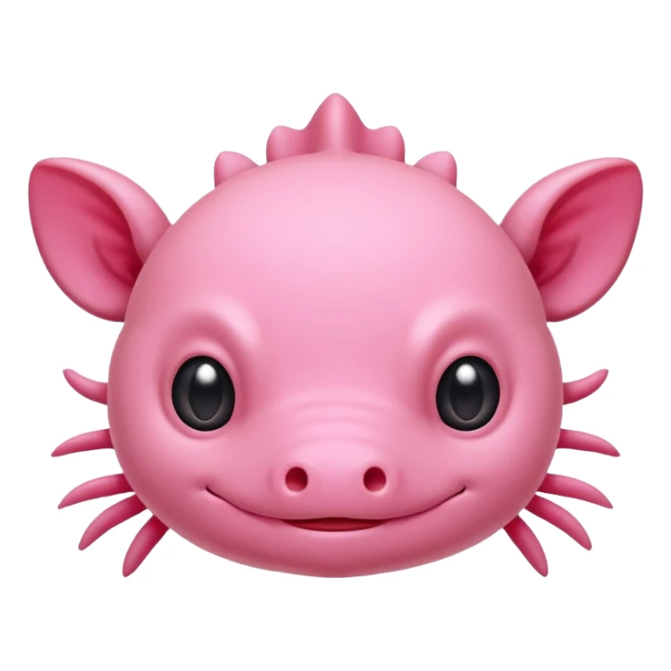 Cartoon pink axolotl face emoji, front view, flat wide head, external gills on both sides, big round eyes, small mouth, no snout, vector style, flat colors, transparent background. sticker