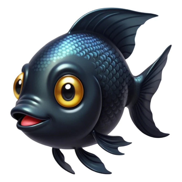 Cinematic Cute Black Goldfish Portrait Emoji, Head tilted playfully and inquisitively, featuring a glossy, deep black body with shimmering scales and round, sparkling golden eyes filled with curiosity, Simplified yet irresistibly adorable features, highly detailed, glowing with a warm, friendly glow, high shine, affectionate and lively, stylized with a touch of whimsy, bright and endearing, soft glowing outline, capturing the essence of a mischievous yet loving goldfish, so playful it feels like it could swim out of the screen and into your heart! sticker