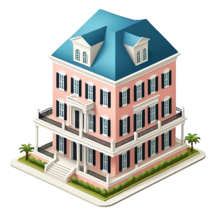 New Orleans mansion, isometric dollhouse-style, realistic sticker