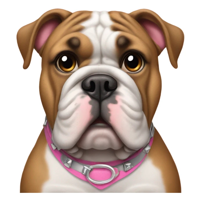 A bulldog with a pink and silver collar sticker