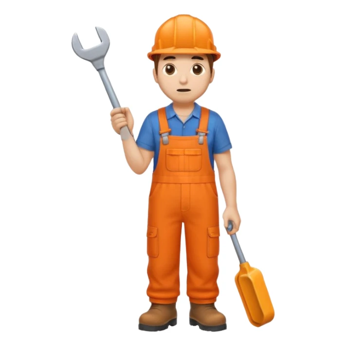 railway engineer, looking tired in full orange overalls, boots, holding a spanner emoji sticker