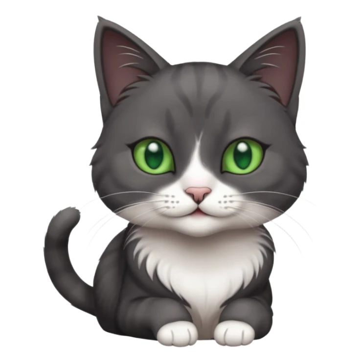 beautiful female solid dark grey cat with green eyes, white toes/paws and white patch on her chest playing sticker