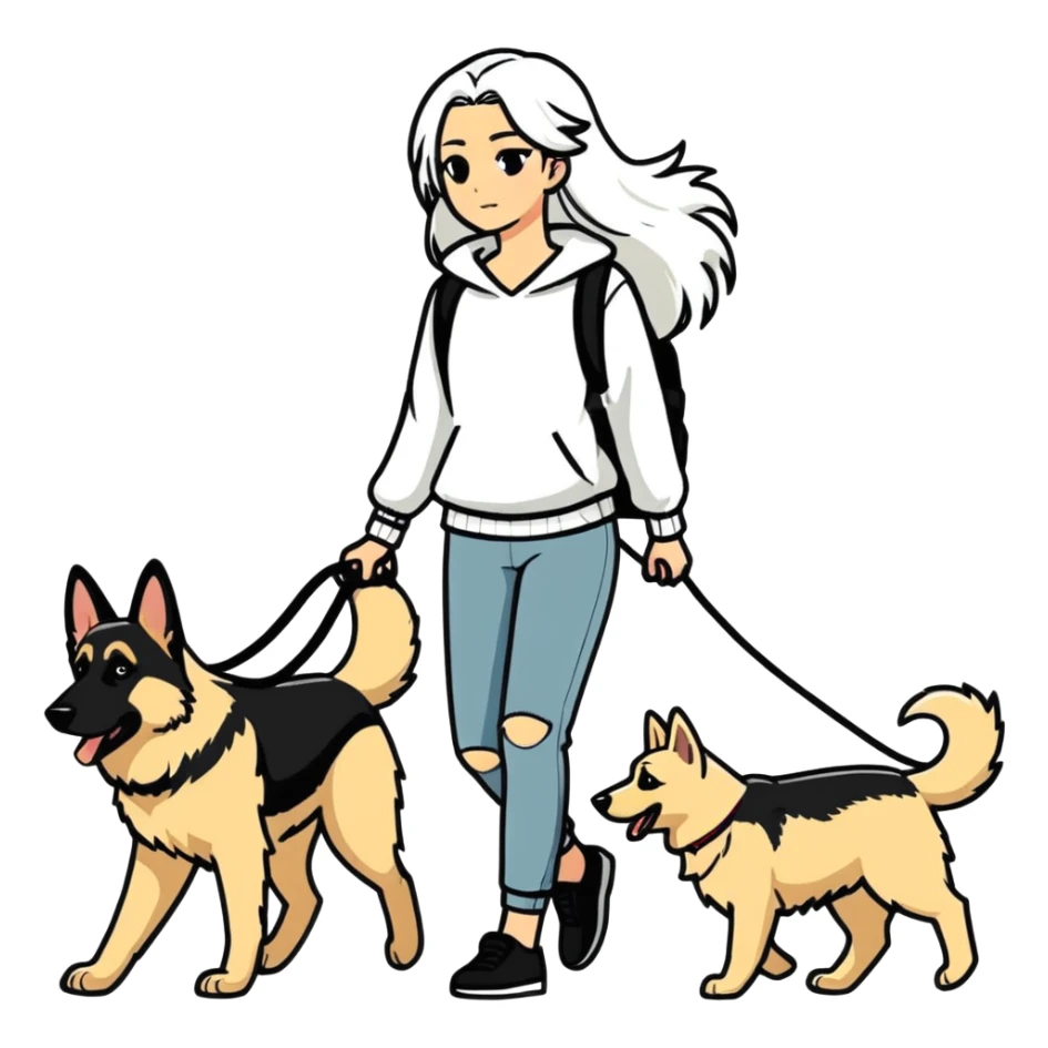 girl with long white hair walking a German Shepherd sticker