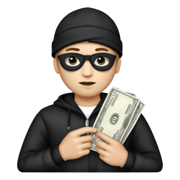Make a robber emoji holding a bank cash with black white pattern  sticker