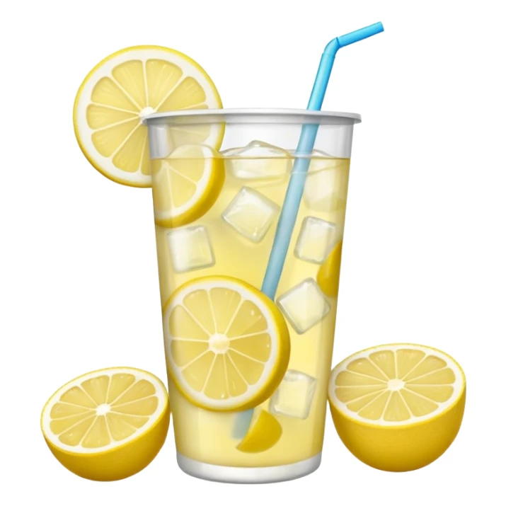 Iced lemonade with lemons in a clear plastic cup with no eyes or smiles sticker