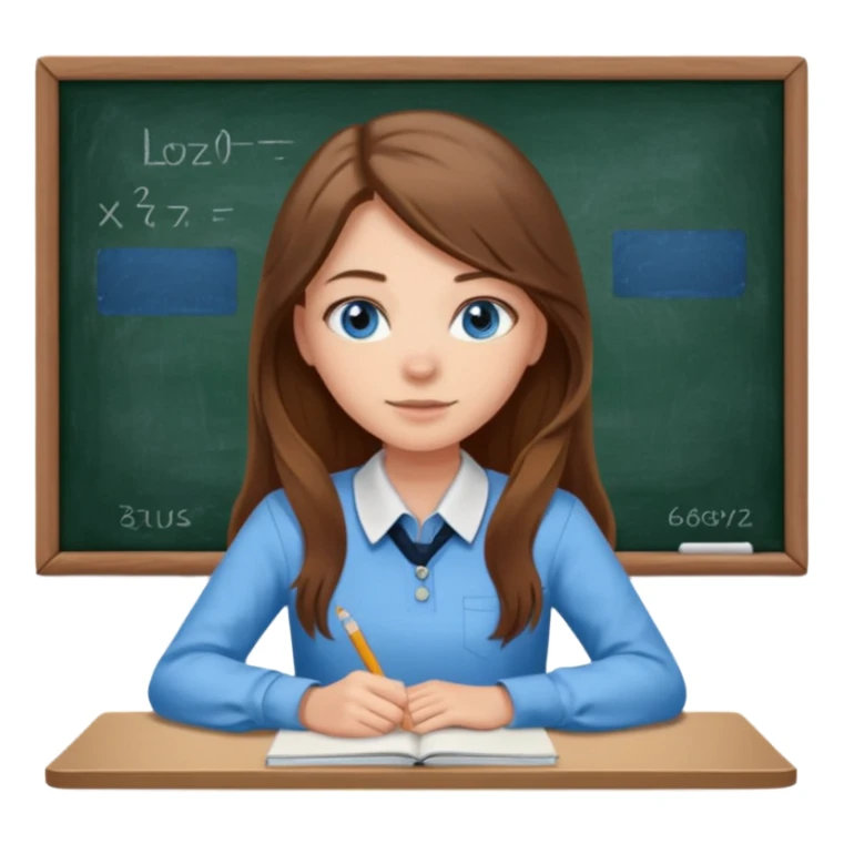 high school class room with a pretty female high school student with long brown hair, blue eyes sitting in front of the blackboard sticker