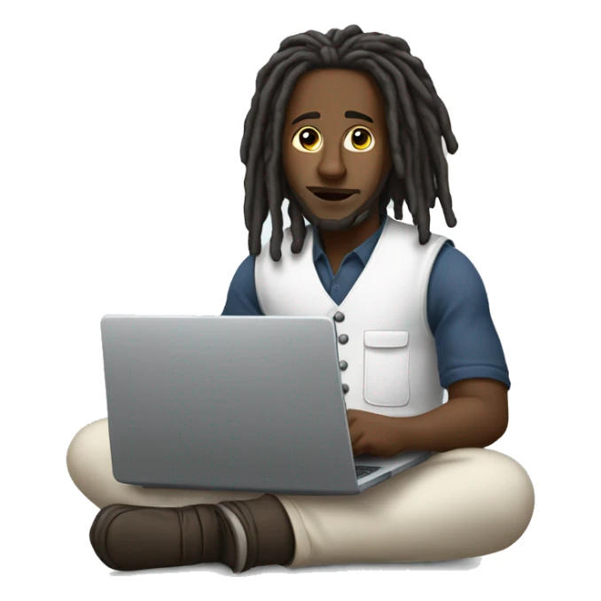 Black-guy-with-dreads-wearing-white-vest-sitting-down-on-floor-facing-foward-focused-on-laptop-computer sticker