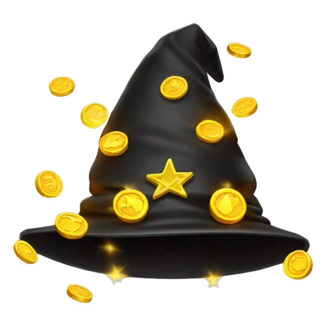 a wizard hat emoji filled with glowing coins sticker