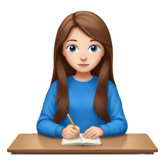 high school class room with a pretty female high school student with long brown hair, blue eyes sticker