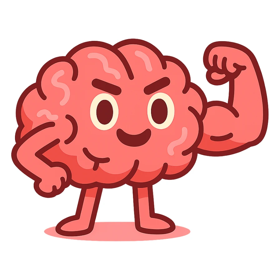 cute cartoon-style brain flexing a bicep, expressive, symbolizing mind power, endurance, resilience sticker