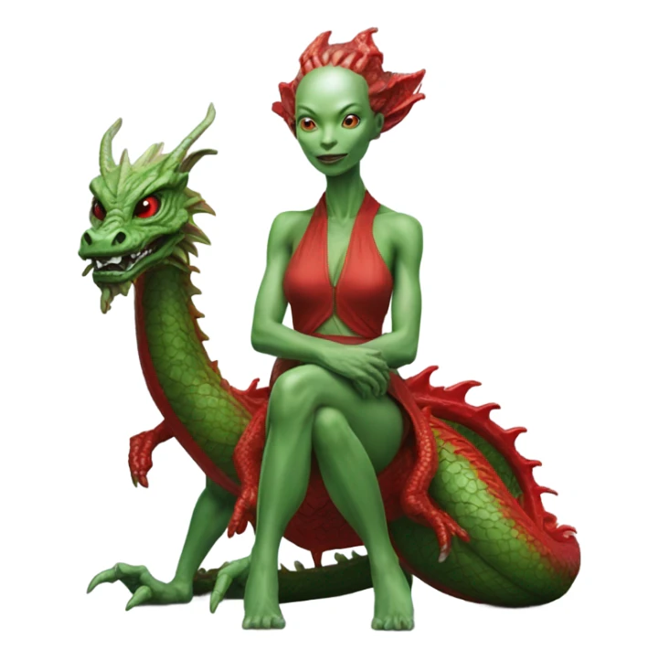 Photo realistic, alien female green,  on red china dragon sticker