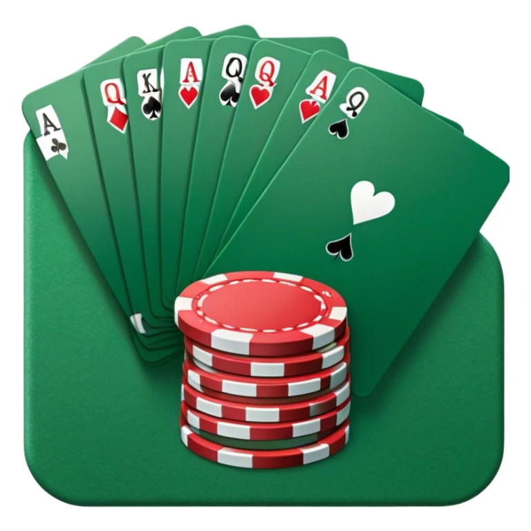 A photorealistic icon featuring playing cards and a stack of poker chips on a green felt table. Bright, detailed design with realistic textures and lighting. Transparent background, clearly symbolizing card games and strategy. sticker
