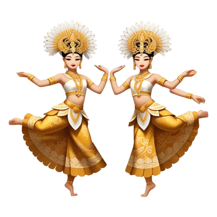 ​Cinematic Realistic Traditional Javanese Dancers, depicted as two graceful dancers in ornate traditional costumes with intricate batik patterns and elaborate headpieces, captured in dynamic poses during a ritual dance in an ancient temple courtyard, rendered with soft golden lighting and rich cultural textures, sticker