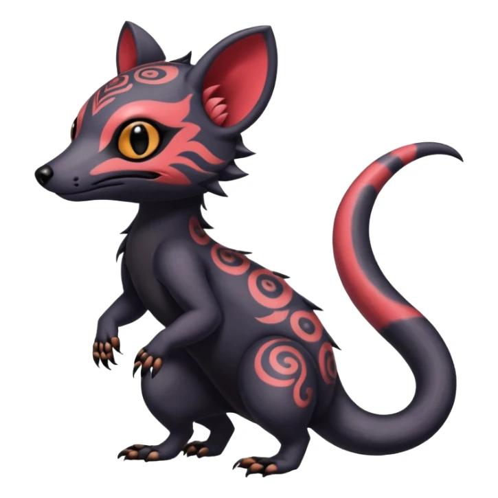 Rare warm-colored exotic gloomy tropical edgy cute epic aesthetic spooky  gothic colorful Salandit-Noibat-Civet-species-Fakemon-hybrid-creature, with tribal tattoo markings, full body sticker