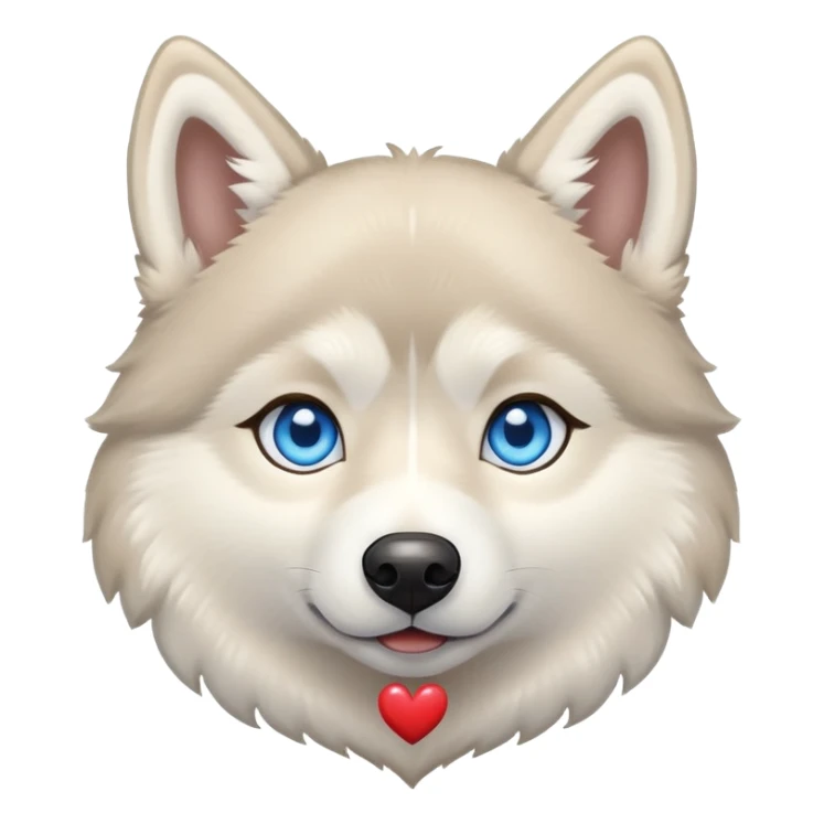 Beige husky with blue eyes and a heart sticker