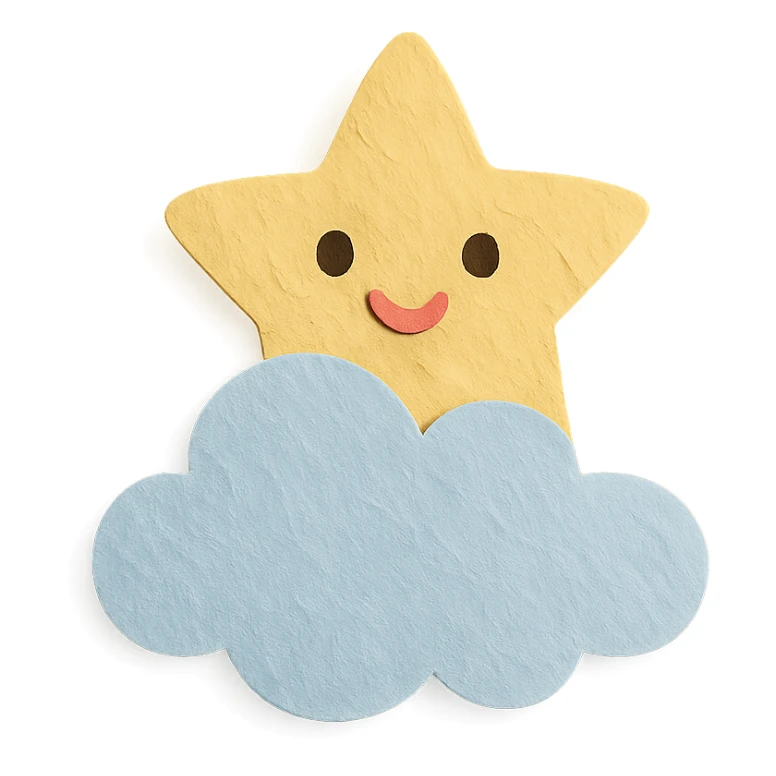 kawaii soft yellow star peeking from behind a fluffy cloud, no arms, no legs, full body, soft pastel colors, paper craft style sticker