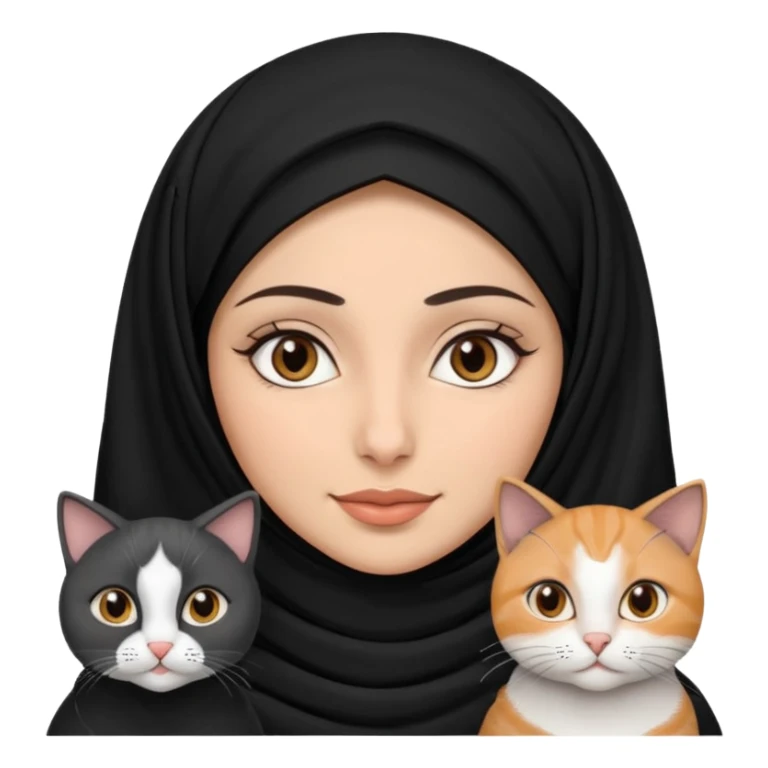 A Arabic woman human with brown eyes and black hijab. and three cats, two cats black and white and one grey cat  sticker