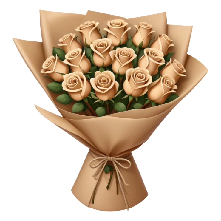 Bouquet of beige and brown roses in a paper package sticker