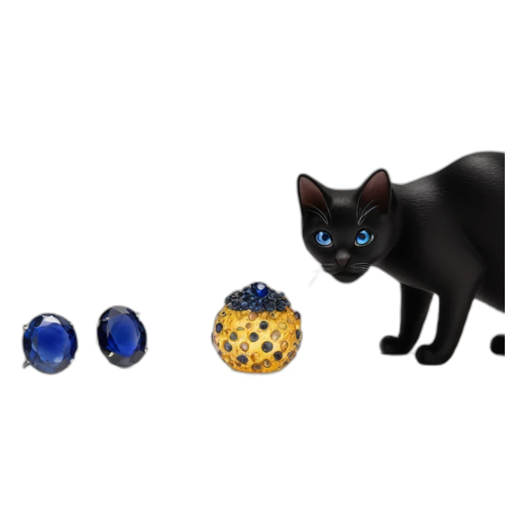 a miniature with black cat and sapphires, luxury product photography sticker