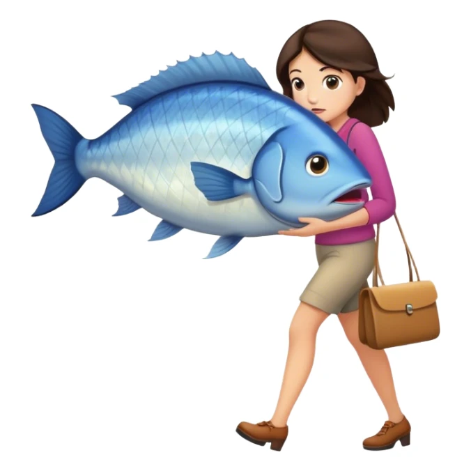 Confused Brunette Woman walking with huge fish sticker