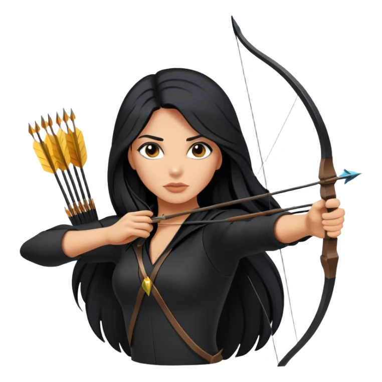 woman tanned long black hair, shooting arrow , black clothes sticker