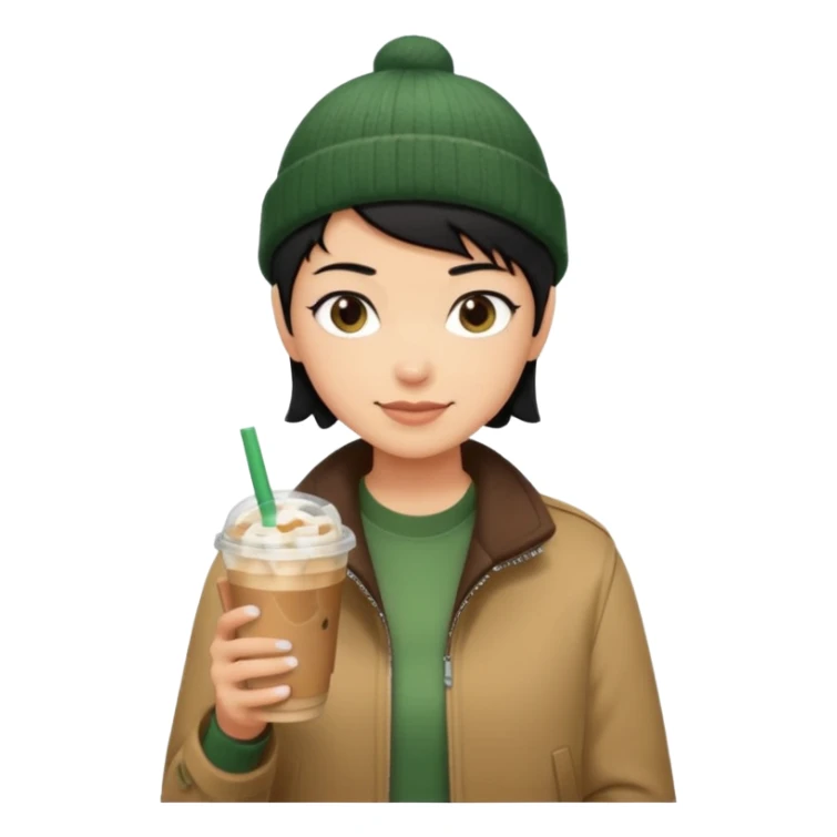 tan skin, non binary person with pixie cut black hair, wearing brown jacket and dark green beanie, shy smile , holding single iced coffee  sticker